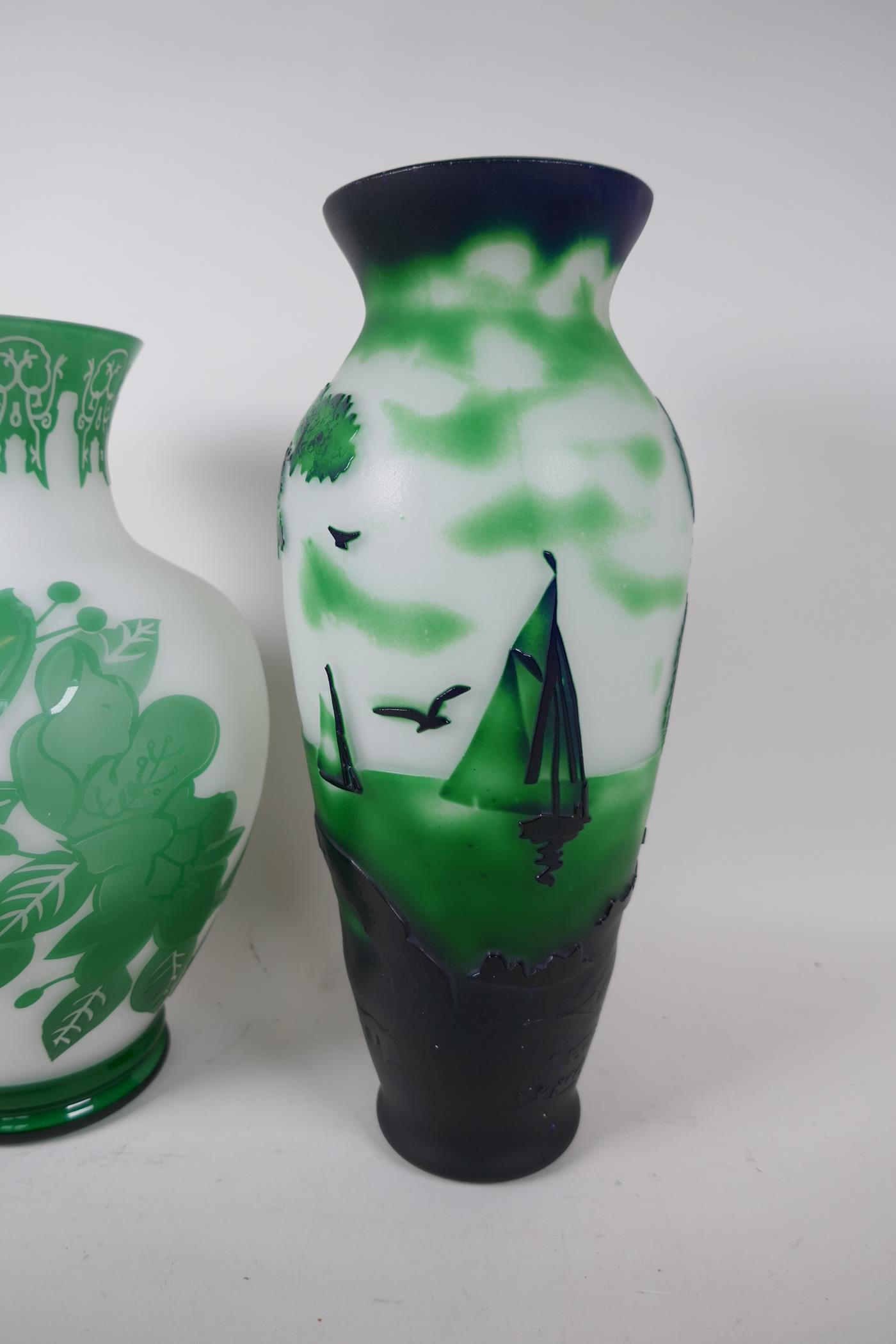 A Peking glass vase with cut green overlay, 10" high, together with a Galle style green overlay - Image 3 of 3