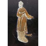 An ebonised plaque with a mounted brass, copper and white metal figure of a Chinese lady, 15" x 7"