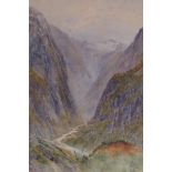 A mountain landscape, initialled R.J.M, watercolour, together with a print of highland cattle in the