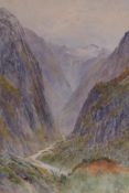 A mountain landscape, initialled R.J.M, watercolour, together with a print of highland cattle in the