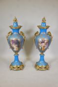 A pair of Sevres style floor vases with brass mounts, decorated with landscapes and women verso, 44"