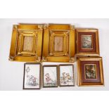 A pair of gilt picture frames, aperture 3" x4", another pair 2" x 3", and three small nursery prints