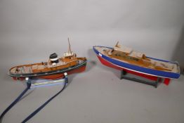 Two scratch built model boats, the tug Brigadier and a motor yacht, radio and power unit A/F,