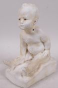 A chalk figurine of a child, signed F.V. Blundstone, 8" high, A/F