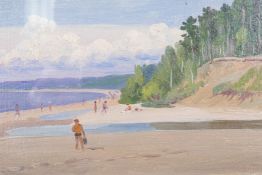Coastal scene with figures on a beach, indistinctly signed verso, Russian oil on board, 4" x 6"