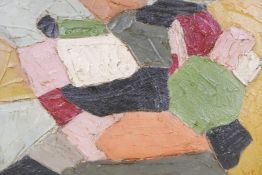 An impasto abstract, oil on board, initialled S.P., 25" x 18"