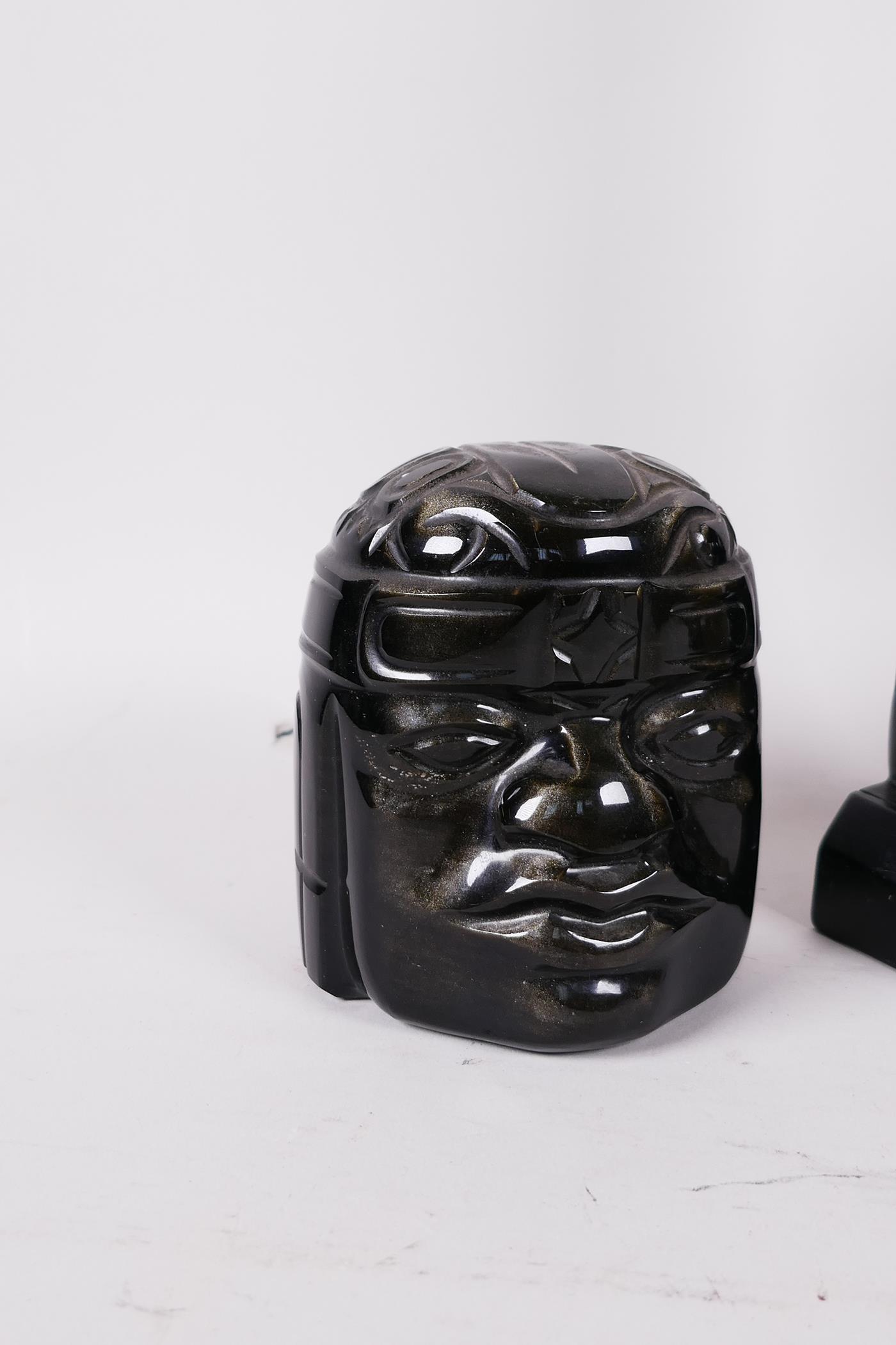 Two Mexican carved obsidian heads, a carved onyx seated figure 7" high, and a Canadian carved - Image 2 of 4