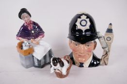 A Royal Doulton figure, New Companions HN2770, 7" high, together with a puppy in a basket HN2586 and