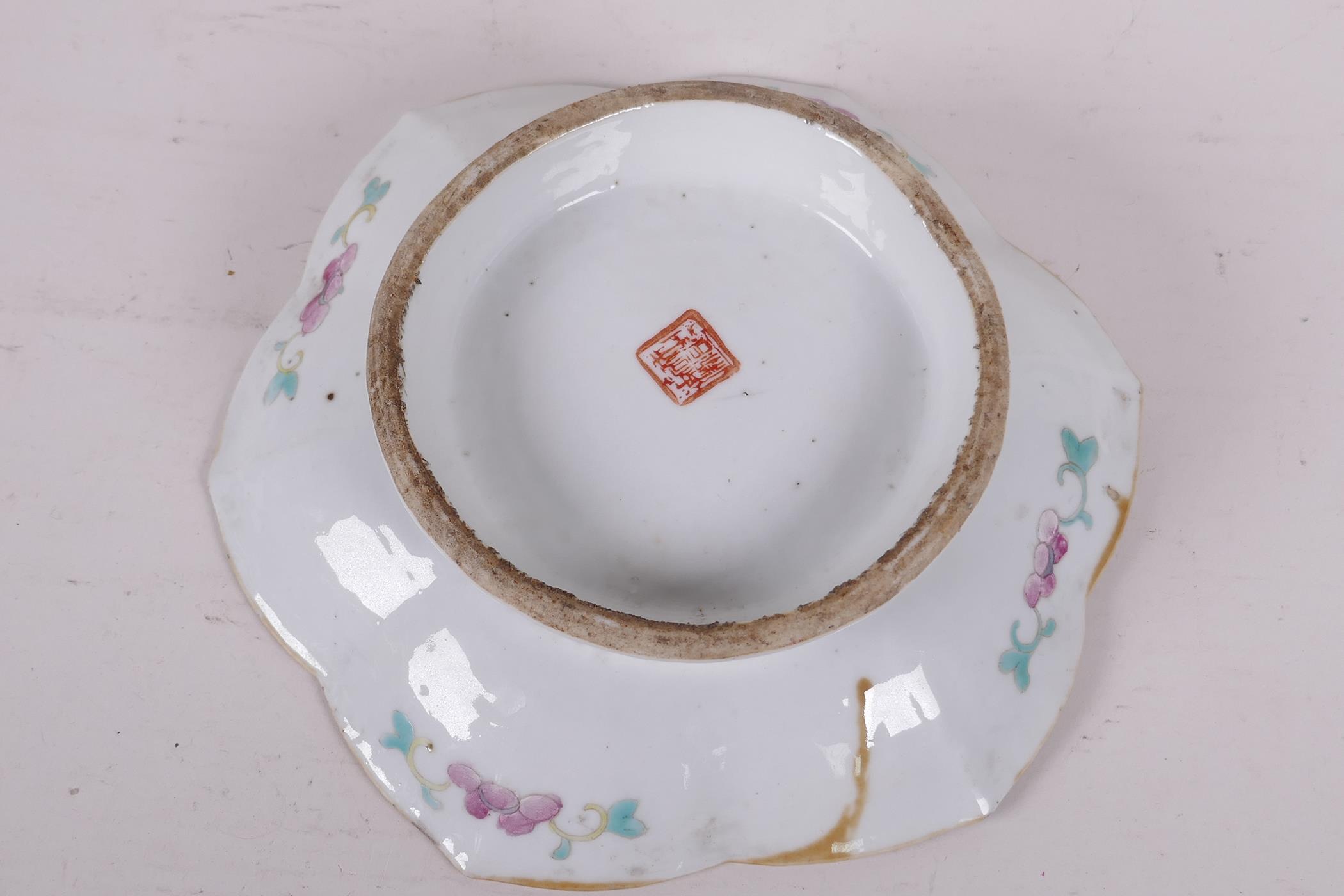 A C19th Chinese petal rimmed footed bowl painted in bright polychrome enamels, red seal mark to - Image 5 of 6