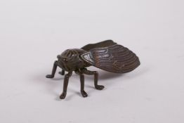 A Japanese Jizai style bronze cicada, 2" long