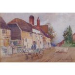 J. Thwaite-Irving, naive village street scene, watercolour, signed, 7" x 10"