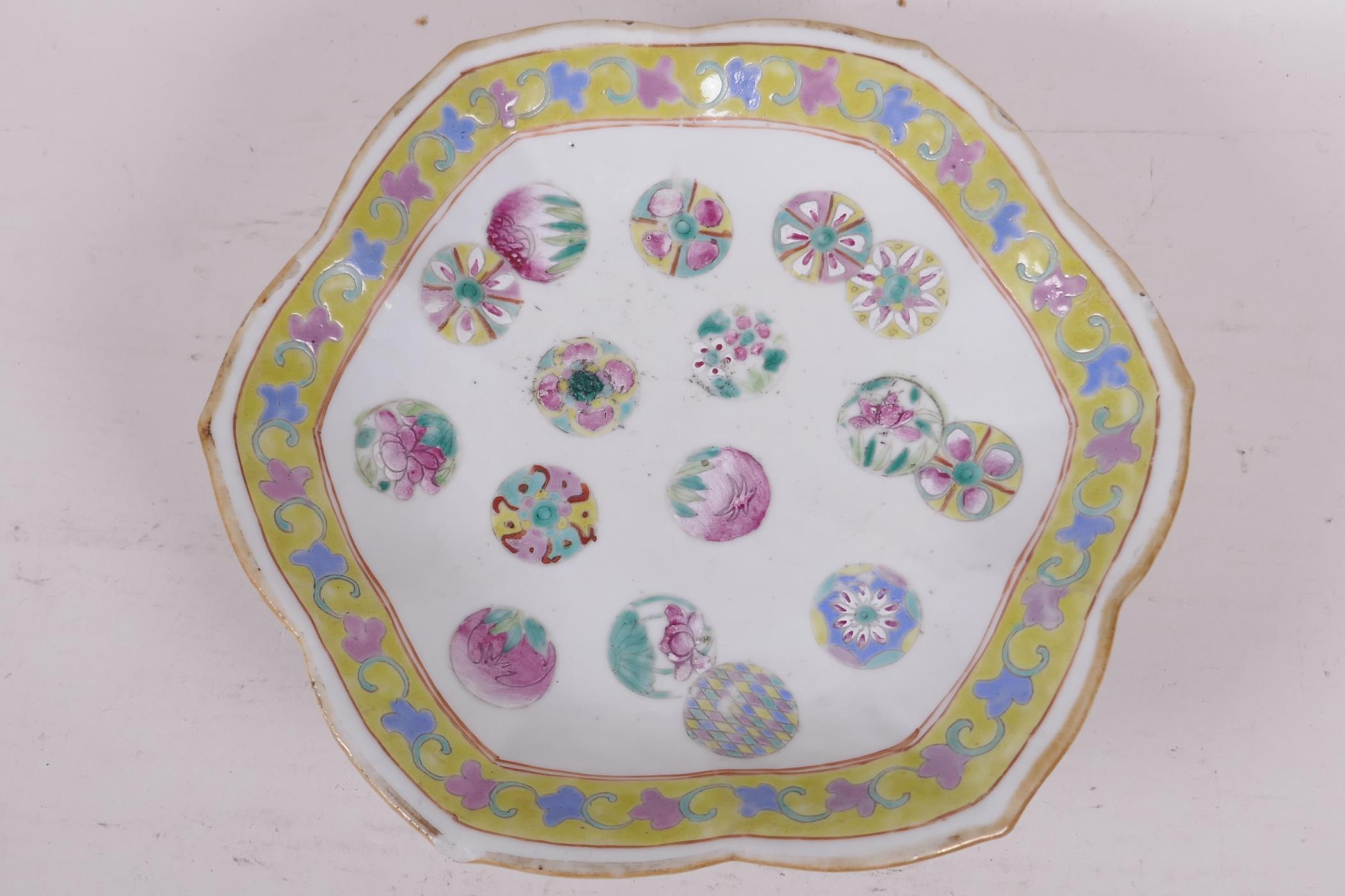 A C19th Chinese petal rimmed footed bowl painted in bright polychrome enamels, red seal mark to - Image 3 of 6