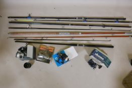 Angling gear, Charter Beach 12' rod, Chevron Surf, Manley and Shakespeare, and reels, Okuma Classic,