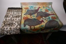 An Oriental block printed textile panel decorated with quail, 30" x 26", together will a panel of