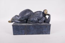 A modernist bronze figure of a plump female nude, 12" x 5"