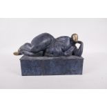 A modernist bronze figure of a plump female nude, 12" x 5"