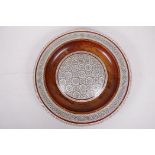 A turned wood Moorish micro mosaic sideli work dish, 12" diameter, inlaid with mother of pearl, bone