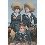 A C19th chromolithograph, three sailor boys, 'Young Britons', 18" x 17"