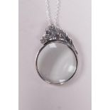 A 925 silver magnifying glass pendant necklace, with horse's head decoration,