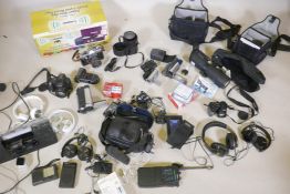 A quantity of cameras, digital and 35mm, Lumix DMC FZ72, Fuji S1500, Sony handycam etc, a Bresser
