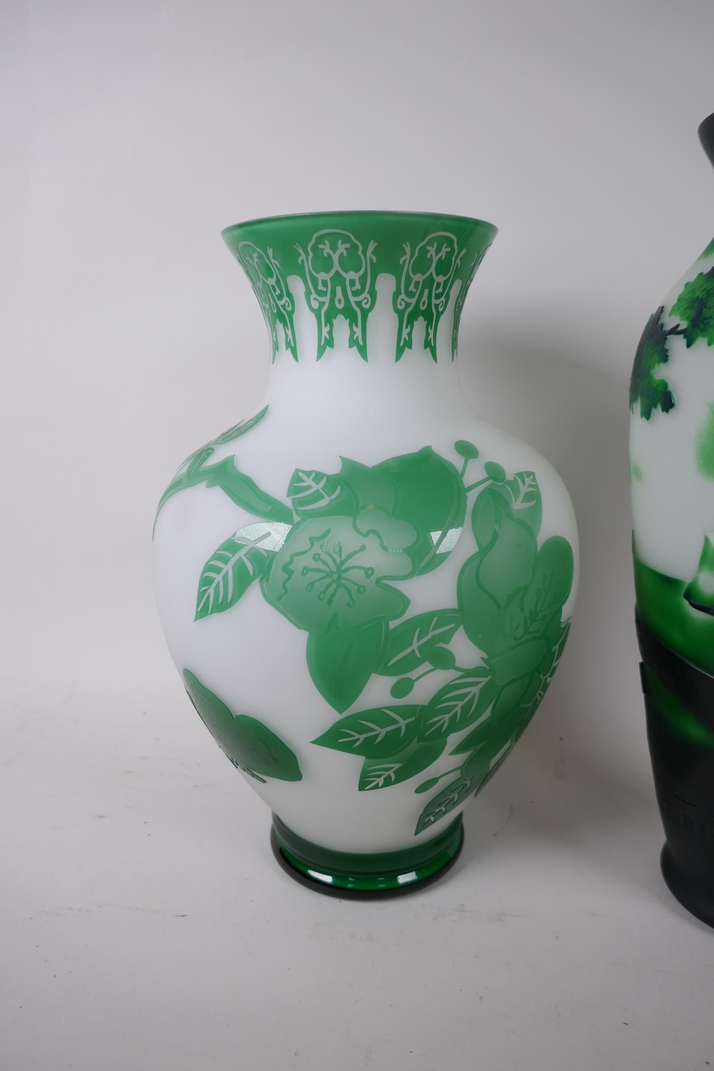 A Peking glass vase with cut green overlay, 10" high, together with a Galle style green overlay - Image 2 of 3