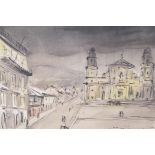 City scape, 'Vision of Bogota Cathedral', signed, ink and watercolour, 16" x 11"