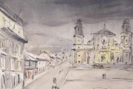 City scape, 'Vision of Bogota Cathedral', signed, ink and watercolour, 16" x 11"