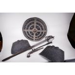 A collection of replica Scottish weaponry, a basket hilt sword, 38" long, a brass studded leather