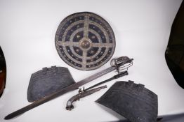 A collection of replica Scottish weaponry, a basket hilt sword, 38" long, a brass studded leather