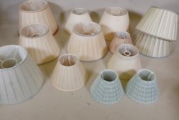 A quantity of pleated silk lamp shades, largest 17" x 11"