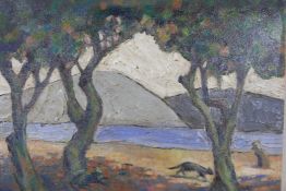 A Continental landscape with a view of a lake through trees, unframed, 22" x 18"