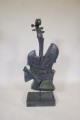 A cubist bronze of a cello, indistinctly signed, 39" high