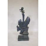 A cubist bronze of a cello, indistinctly signed, 39" high