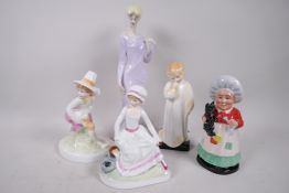 Five Royal Doulton figurines, two from The Nursery Rhymes Collection, 'Little Miss Muffett' and 'Tom