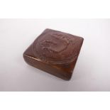 A bronzed copper ink box with repousse dragon decoration to the cover, impressed mark to base,