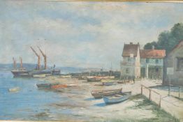 Boats moored on the Thames Estuary, with a painting to the reverse of a river scene, oil on board,