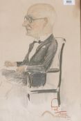 A pencil and crayon caricature of a seated gentleman, signed Poli, and inscribed Royal Hotel,