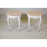 A pair of marble topped occasional tables, raised on painted bases with shaped supports and brass