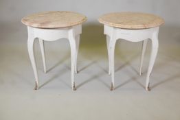 A pair of marble topped occasional tables, raised on painted bases with shaped supports and brass