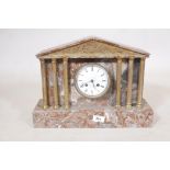 A C19th French lounge marble mantel clock with brass columns and pediment, the Japy Freres