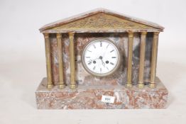 A C19th French lounge marble mantel clock with brass columns and pediment, the Japy Freres