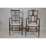 An Arts & Crafts walnut open arm chair with yoke back, inlaid decoration and a similar chair with