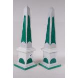 A pair of marble obelisks inset with malachite, 17" high