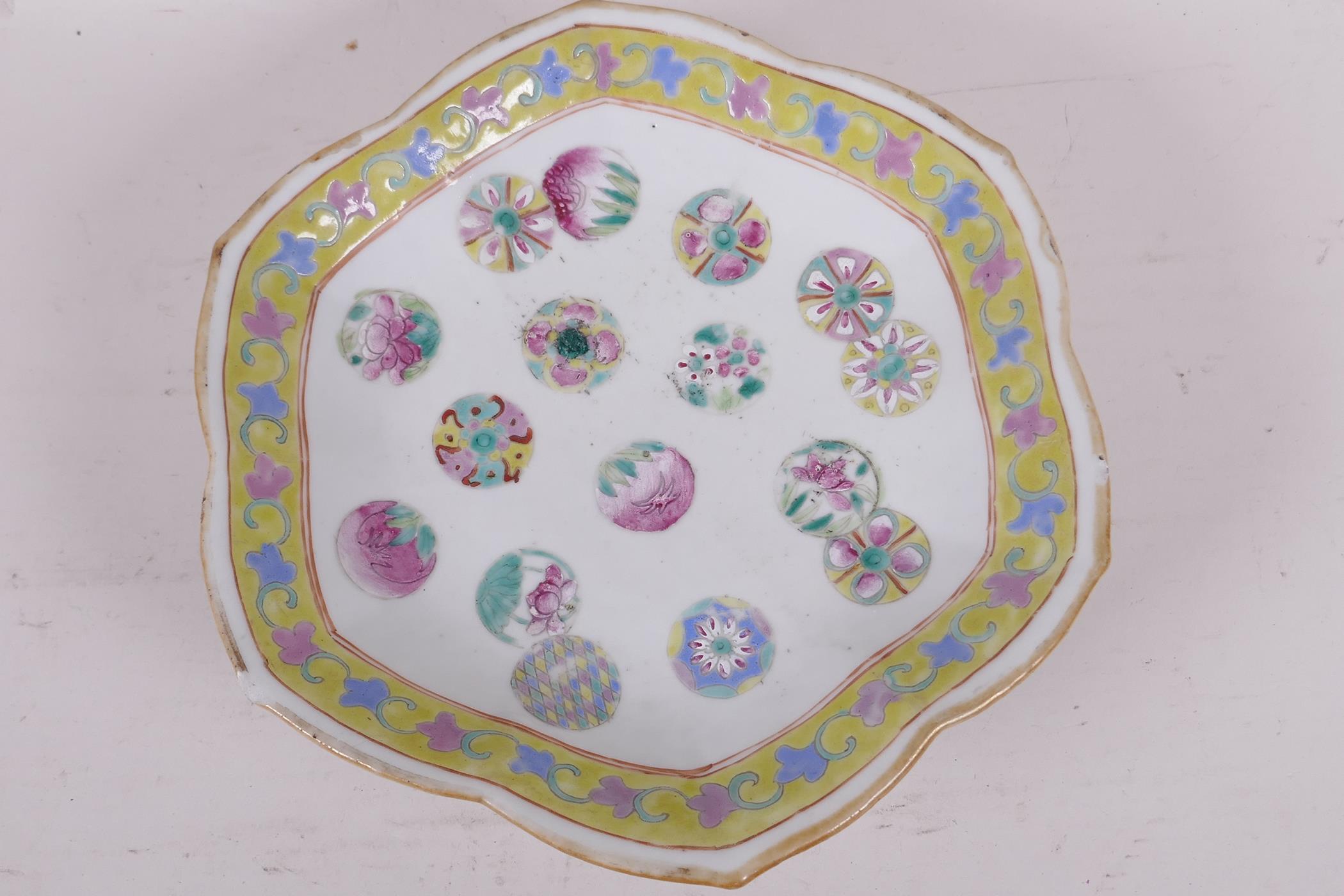 A C19th Chinese petal rimmed footed bowl painted in bright polychrome enamels, red seal mark to - Image 2 of 6