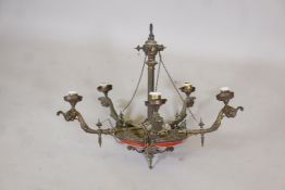 An early C20th Continental porcelain and ormolu five branch chandelier with painted neo classical