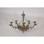 An early C20th Continental porcelain and ormolu five branch chandelier with painted neo classical