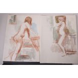 S. Horne Shepherd, a pair of female figure studies, signed, sepia, chalk and watercolour drawings,