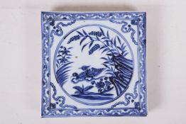 A blue and white porcelain temple tile decorated with waterfowl, Chinese, 8" x 8"