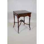 A late C19th rosewood envelope card table with floral inlay and frieze drawer, on shaped turned