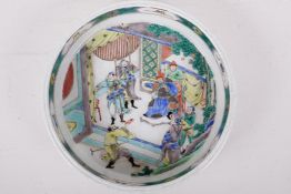 A Chinese famille vert porcelain steep sided tray/dish decorated with a court scene, Kangxi six